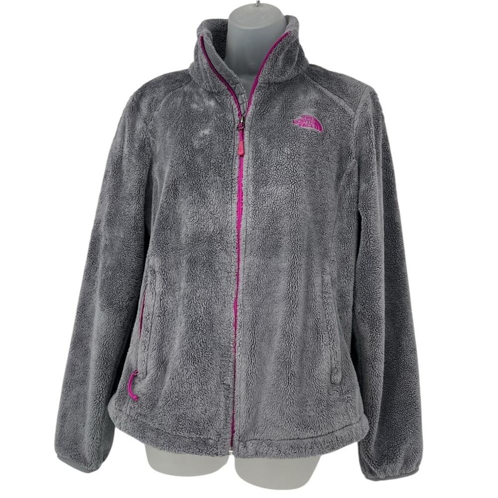 The North Face Osito Gray Fleece Jacket Women’s Medium Full Zip Pink Trim Warm - Picture 2 of 8